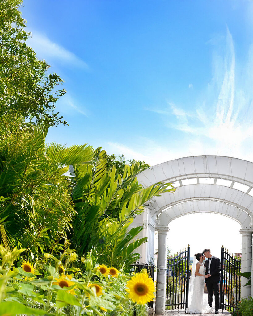 Bride and groom at Giorgio’s on a summer day with arches and sunflowers, romantic wedding portrait.