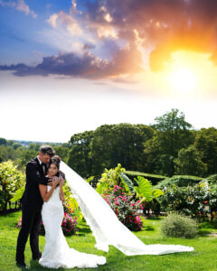 Bride and groom photographed at sunset at Giorgio’s Baiting Hollow during wedding portraits