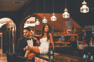 Bride and groom sharing a romantic moment at The Lannin during their wedding celebration.