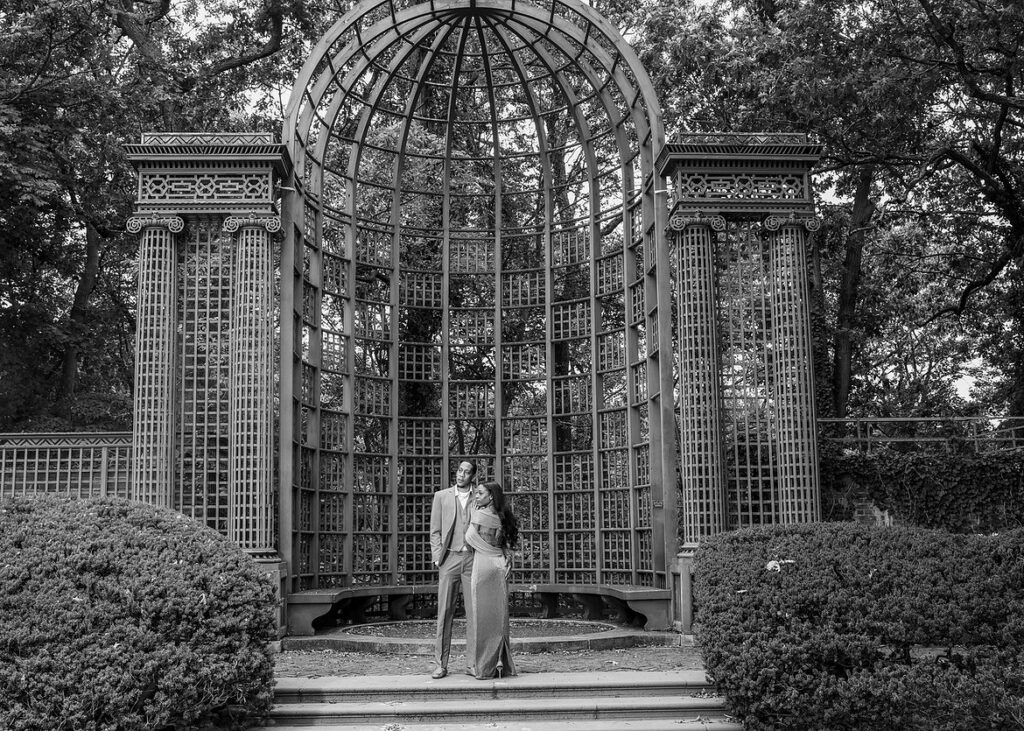 black and white engagement portrait of an African American couple at Brooklyn Botanic