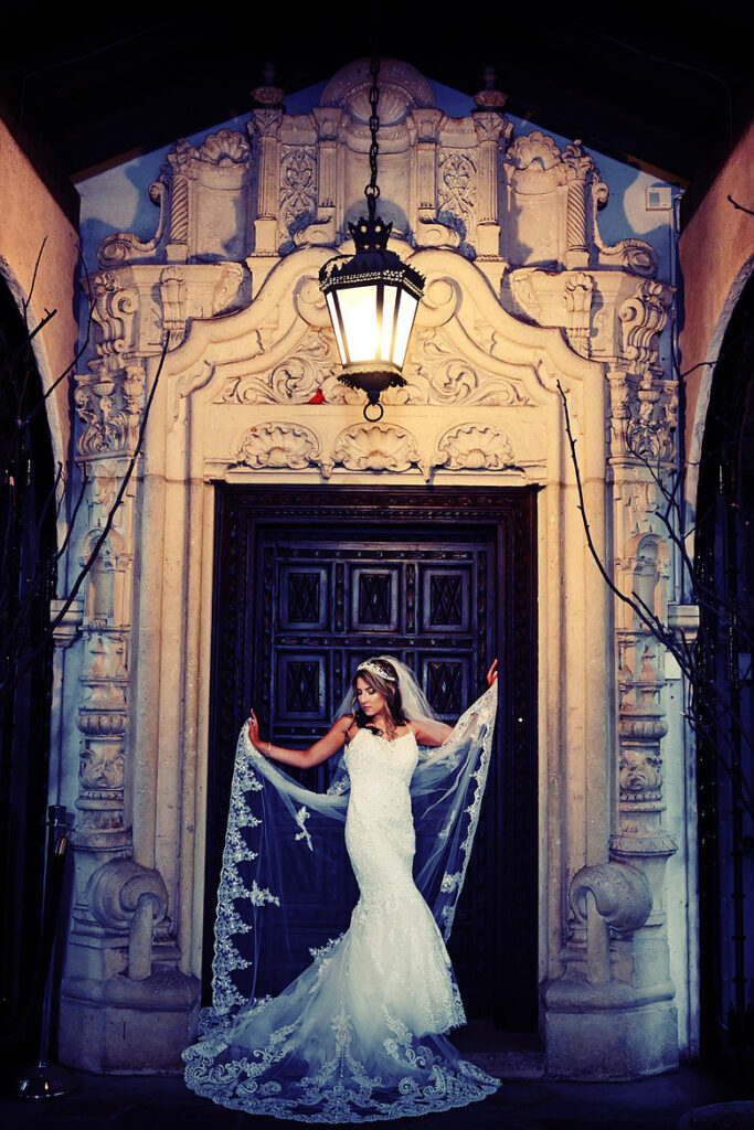Bride alone portrait inside Coe Hall at Planting Fields Arboretum in Oyster Bay, NY