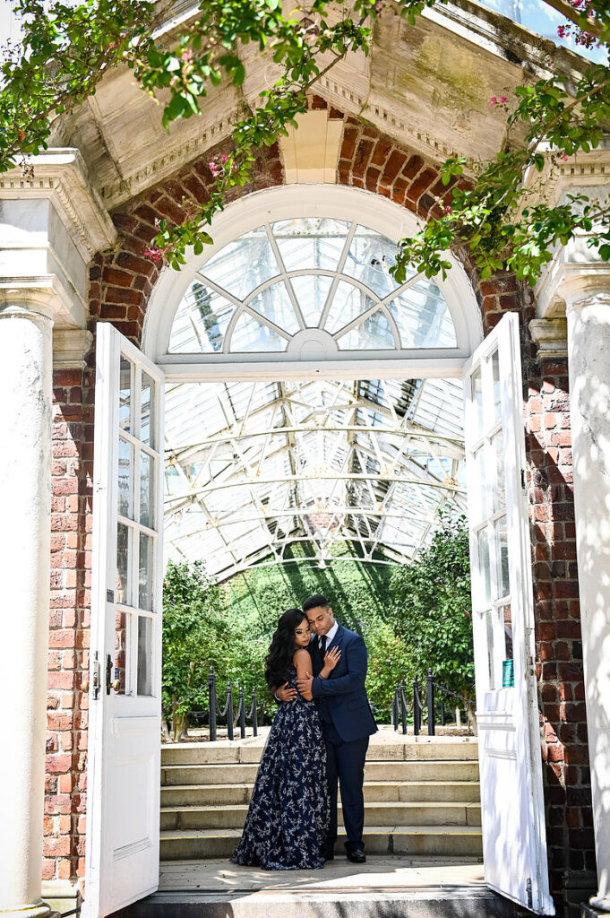 Getting to Know You engagement session South Asian couple in greenhouse at Planting Fields Arboretum