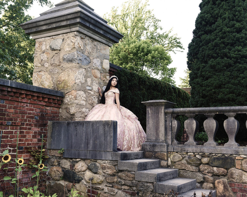 sweet 16 portrait on stone staircase at Old Westbury Gardens estate