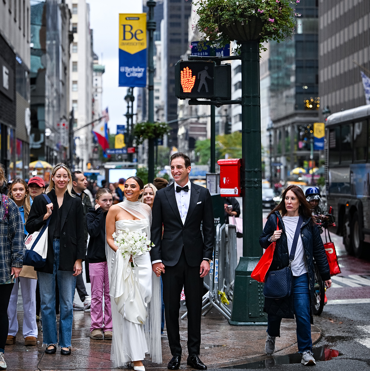 NY Street Wedding Photography Bride and Groom Walking NY street wedding photography of bride and groom walking together in New York City