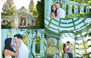 Couple embracing during their engagement photo session at Old Westbury Gardens on Long Island