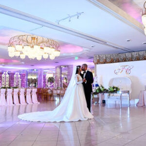 Bride and groom dancing in the grand ballroom at Leonard’s Palazzo in Great Neck, NY