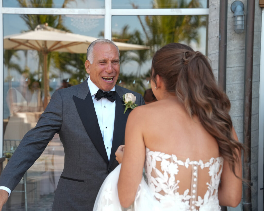Father of the bride first look moment at Crescent Beach Club Long Island New York wedding photographed by Doug Gordon of Patken Photographer