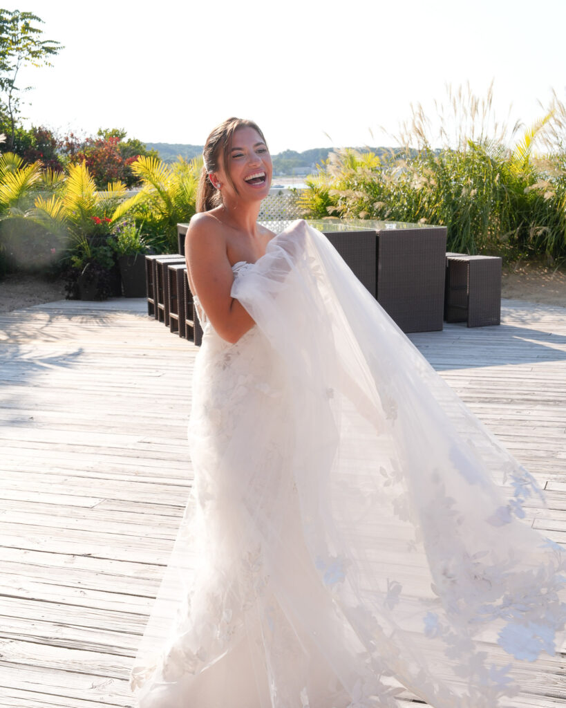 Bride veil flowing portrait at Crescent Beach Club Long Island New York wedding photographed by Doug Gordon of Patken Photographer
