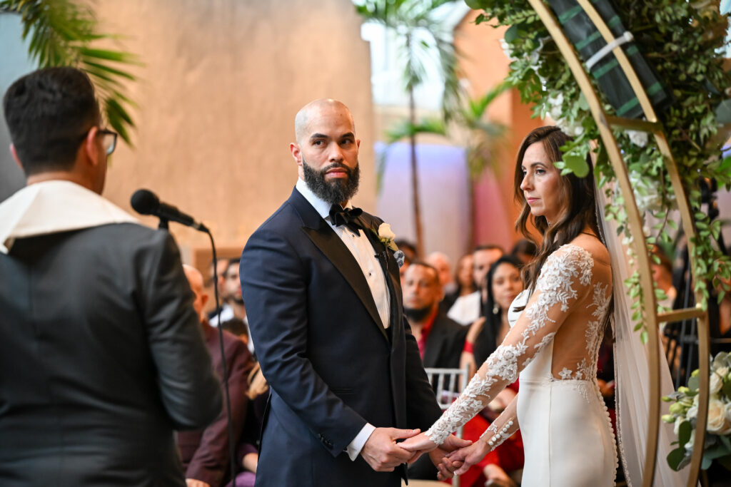Groom emotional moment during wedding ceremony at Crescent Beach Club Long Island New York