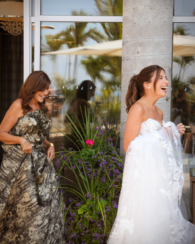 Mom laughing and reacting outdoors at Crescent Beach Club wedding Long Island New York