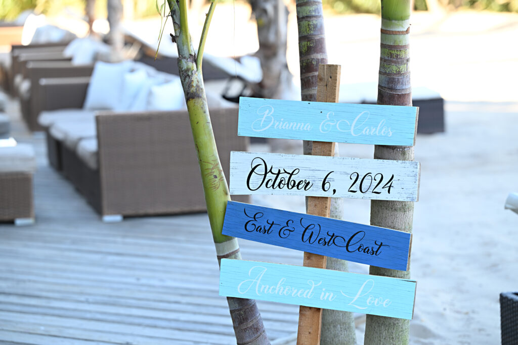 Crescent Beach Club wedding welcome sign with date detail in Long Island New York