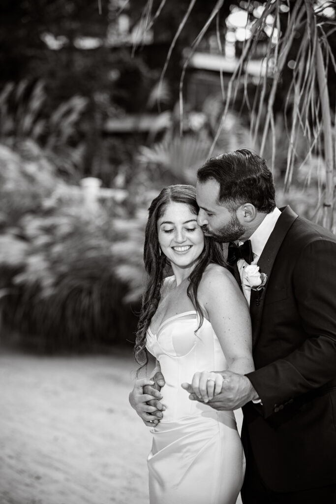 Black and white bride and groom portrait at Crescent Beach Club wedding on Long Island, New York.