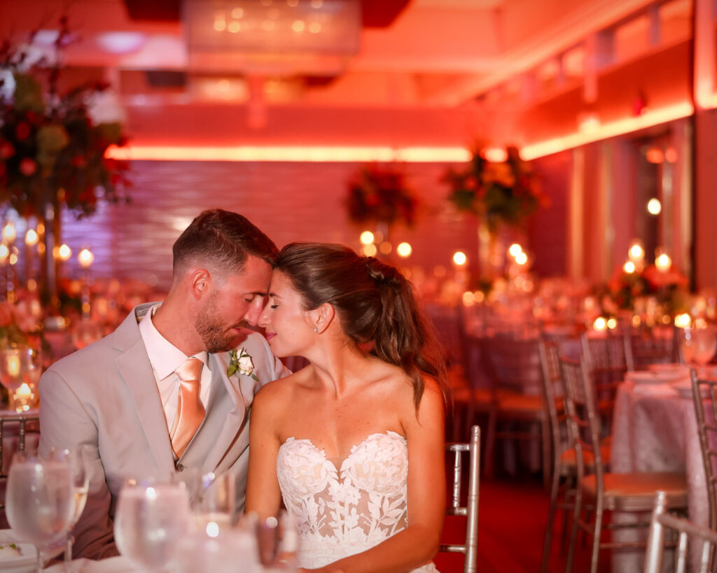 Crescent Beach Club wedding photo at Bayville, Long Island, New York: crescent beach club wedding reception intimate portrait forehead touch. Photo by Doug Gordon | Patken Photographer.