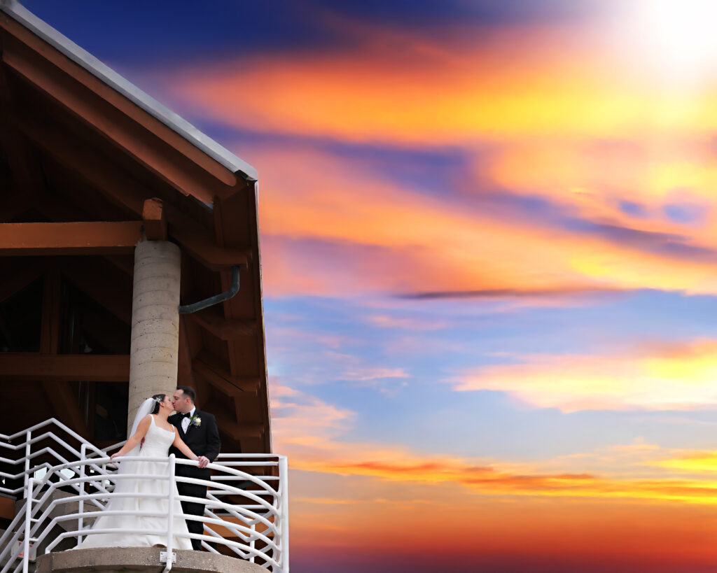 Bride and groom sharing a romantic sunset moment at Crescent Beach Club during their wedding, captured by Doug Gordon of Patken Photographer.