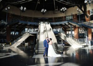 Bride and groom portrait inside the Jackie Robinson Rotunda at Citi Field in Queens, NY