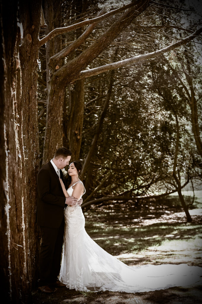 Bride and groom portrait under trees at Flowerfield wedding venue Long Island