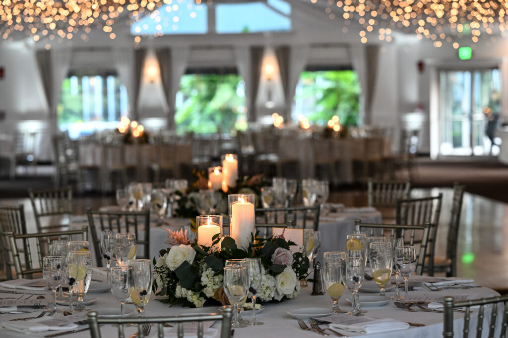 Elegant wedding reception decor inside Flowerfield ballroom