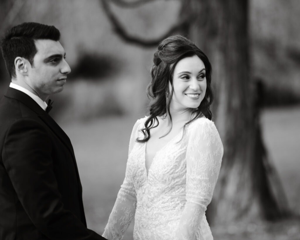 Black and white bride portrait at Flowerfield wedding venue