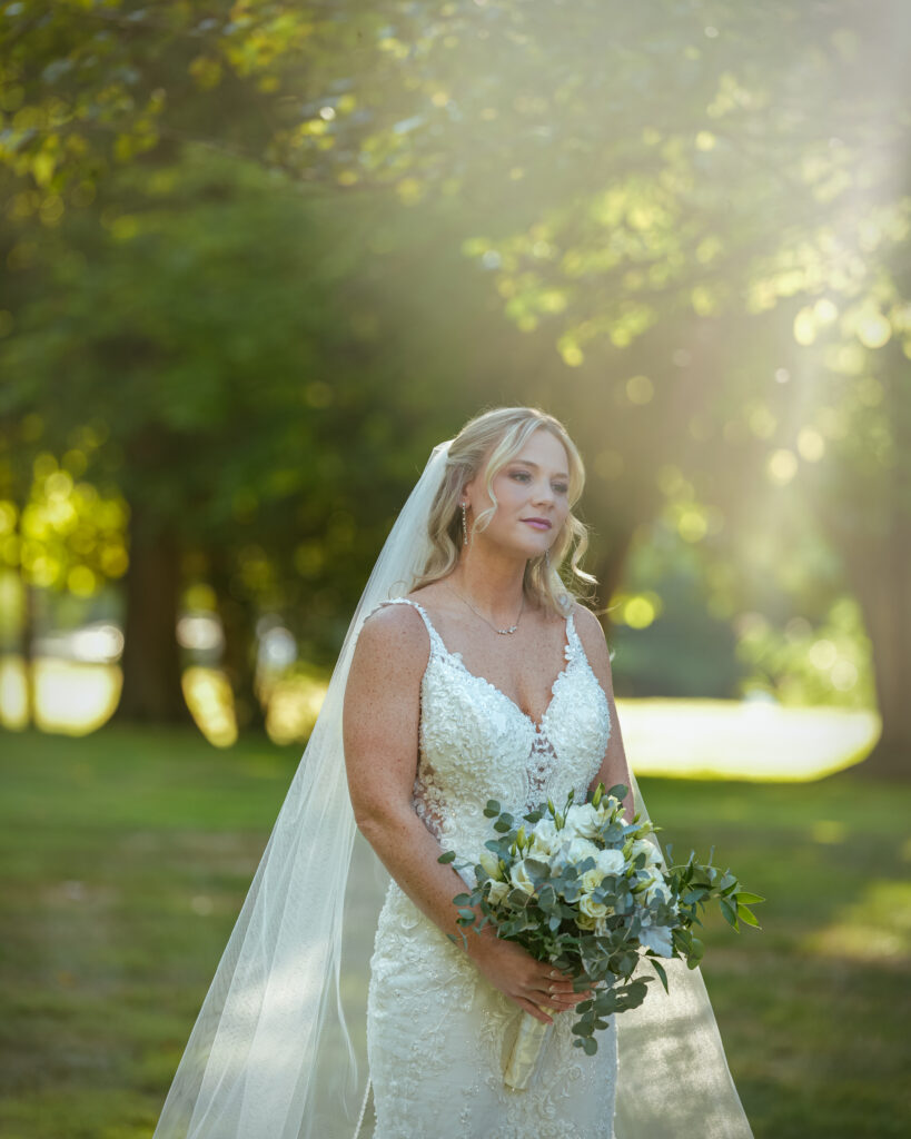 Bride portrait in soft sunlight at Flowerfield wedding venue St. James NY