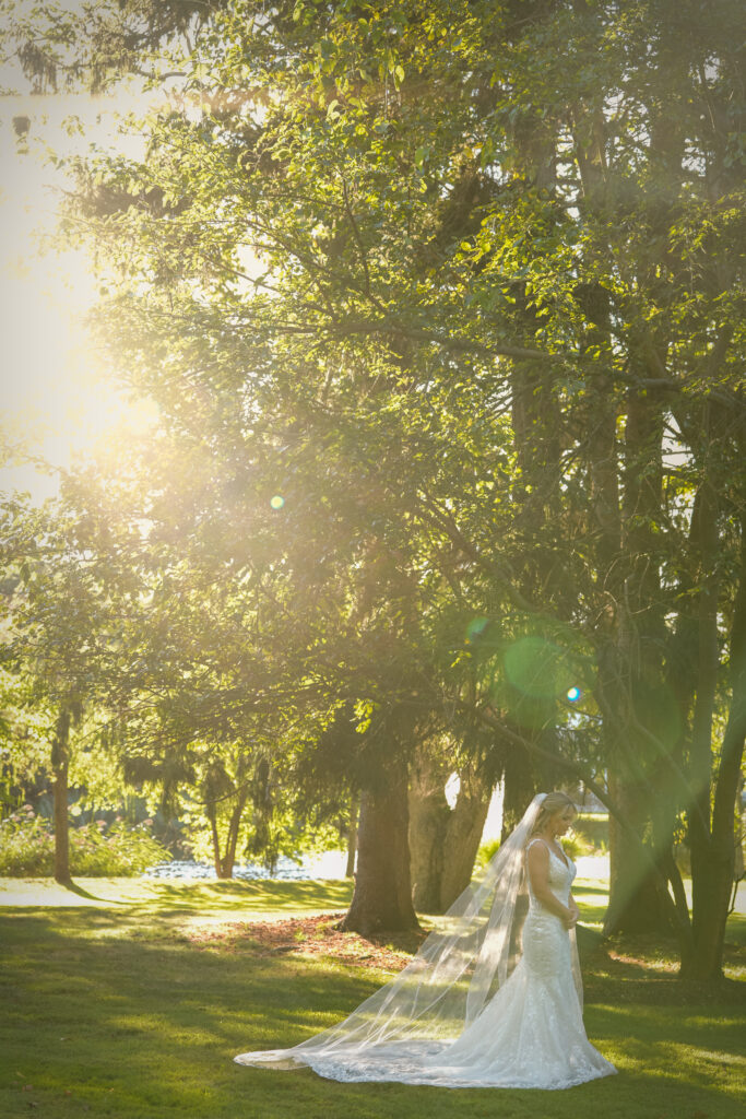 Bride portrait in golden sunlight at Flowerfield Long Island