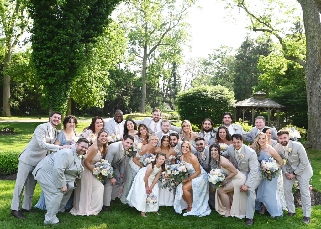 Wedding party group portrait outdoors at Flowerfield St. James NY