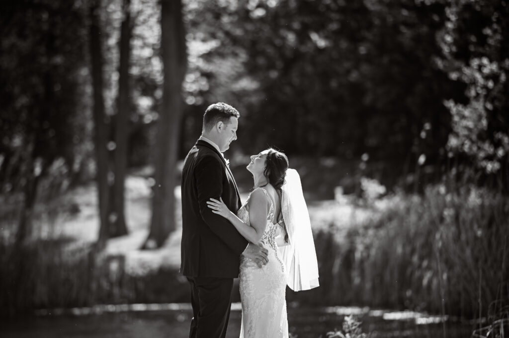 Black and white romantic portrait in gardens at Flowerfield