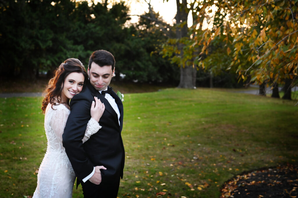 Romantic garden portrait of bride and groom at Flowerfield St. James NY