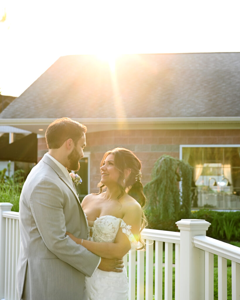 Golden hour portrait of bride and groom at Flowerfield Long Island