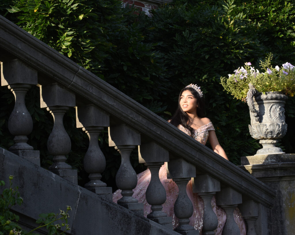 Elegant estate-style Sweet 16 portrait captured at Old Westbury Gardens on Long Island, featuring refined styling and timeless surroundings.