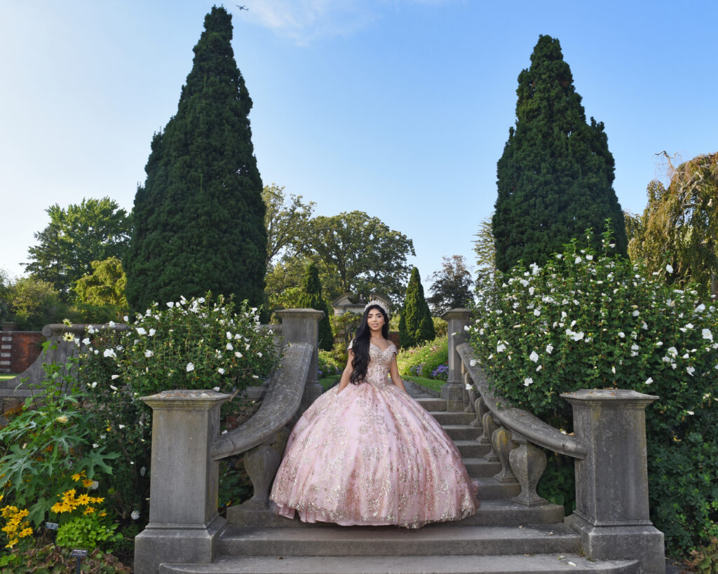 Sweet 16 editorial portrait captured at Old Westbury Gardens on Long Island, featuring elegant surroundings and refined styling.