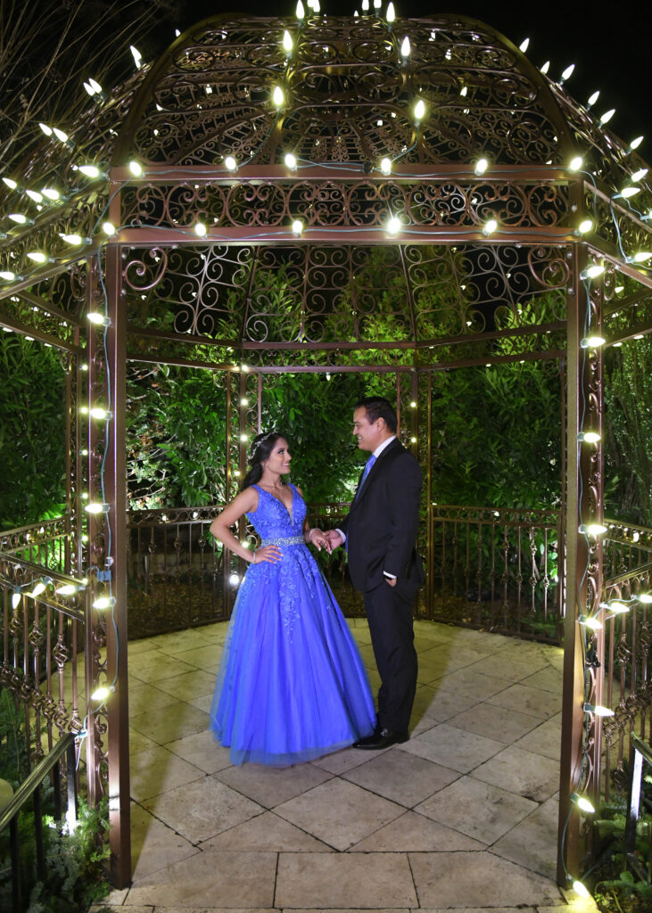 Evening Sweet 16 gazebo portrait captured at Leonard’s Palazzo on Long Island, featuring soft evening light and an elegant setting.