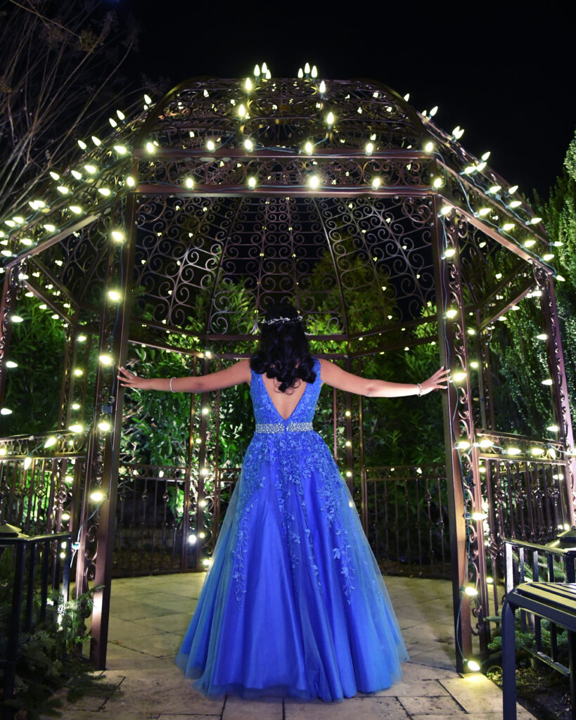 Editorial-style Sweet 16 night gazebo portrait captured at Leonard’s Palazzo on Long Island, featuring dramatic evening lighting.