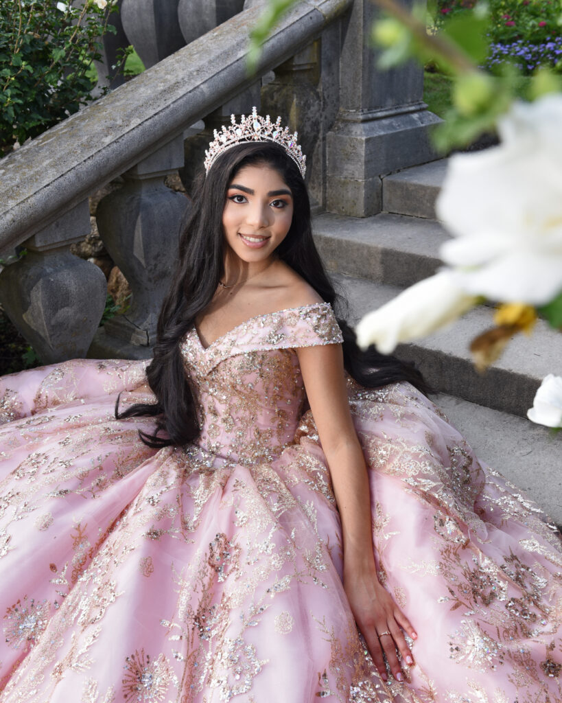 Sweet 16 princess gown portrait captured at Old Westbury Gardens on Long Island, featuring an elegant gown and estate backdrop.