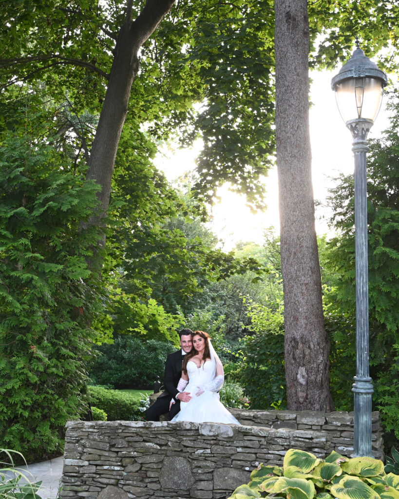 Bride and groom at Westbury Manor garden wedding