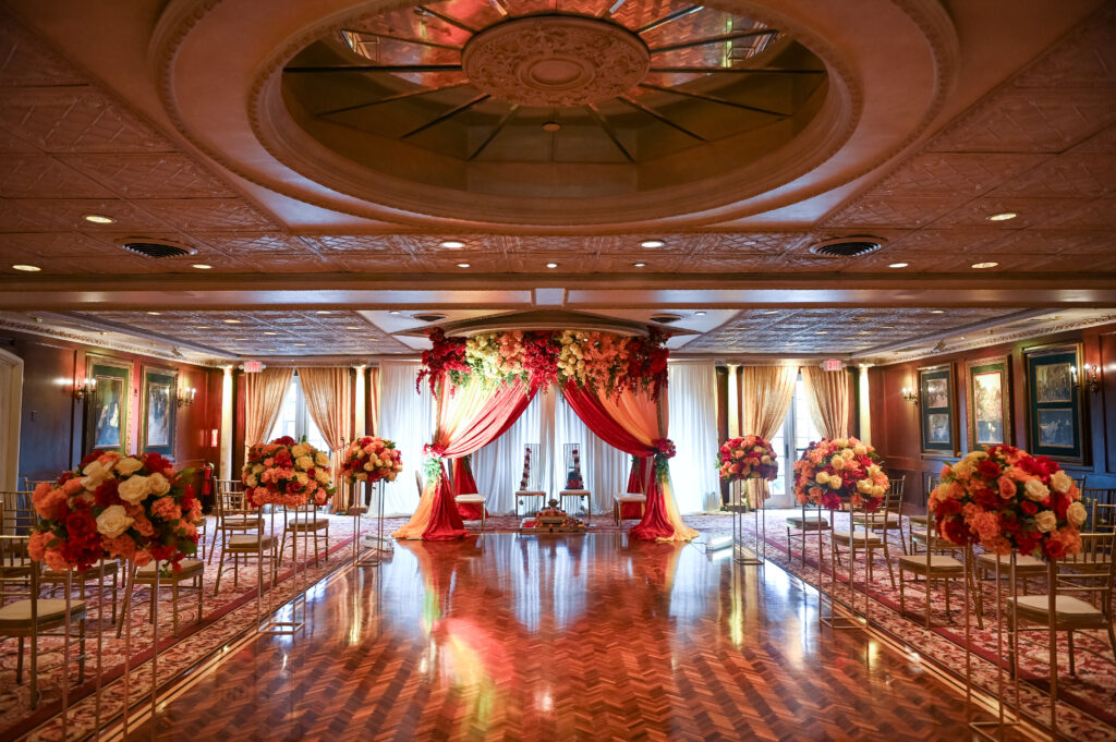 Decorated wedding ballroom at Westbury Manor Long Island reception venue