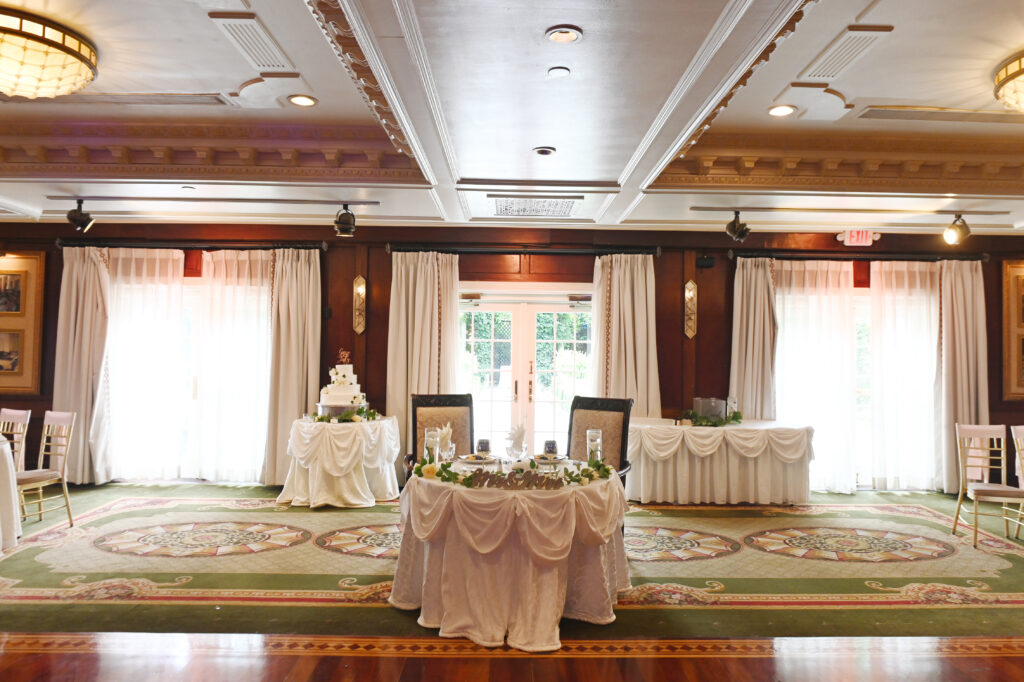 Wedding reception setup inside Westbury Manor ballroom Long Island