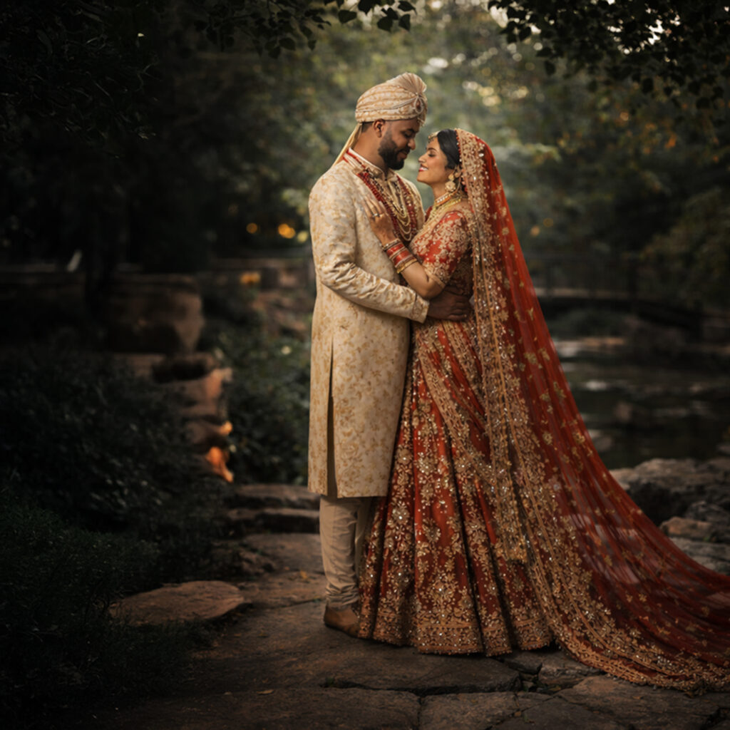 South Asian bride and groom romantic portrait in Westbury Manor gardens