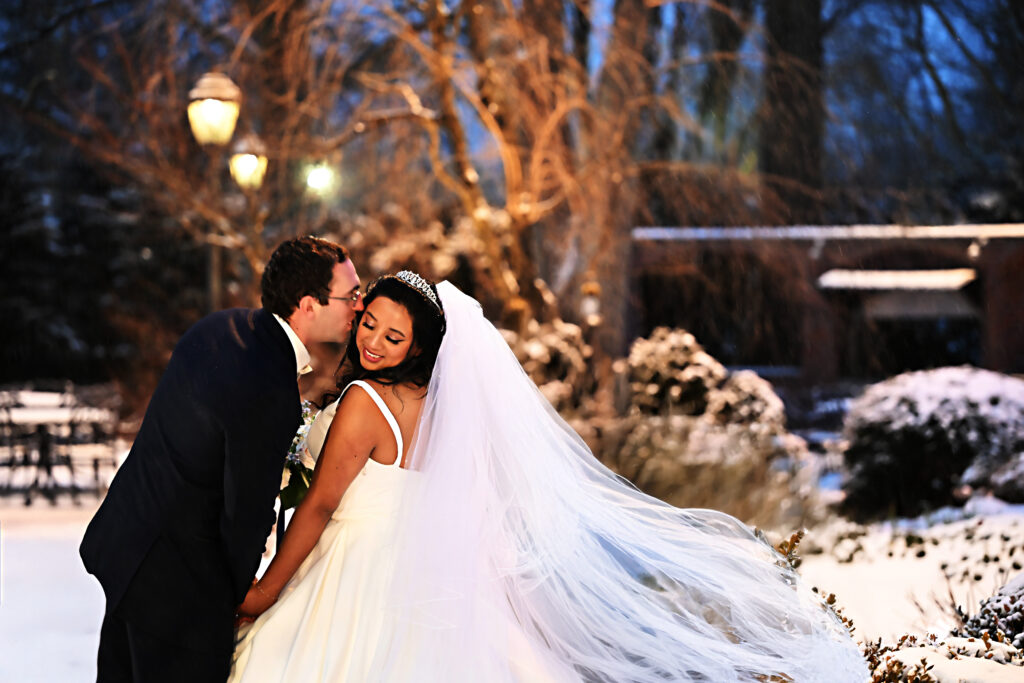 Bride and groom winter veil portrait in Westbury Manor gardens Long Island