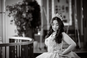 Black and white quinceanera portrait of Katelyn wearing tiara Jericho Terrace