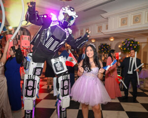 LED robot performer dancing with quinceanera Katelyn Jericho Terrace party